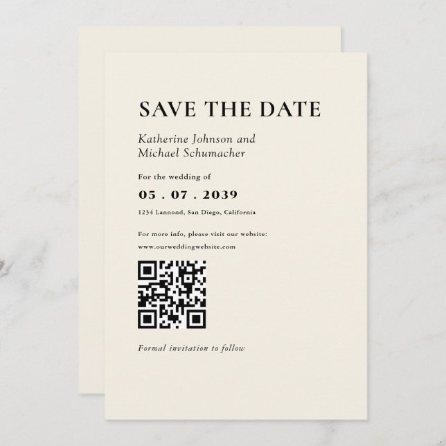 Elegant & Simple details & QR Code Wedding Save The Date (Front/Back)