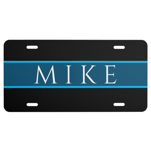 Elegant Simple, DIY White Name on Ocean Blue/Black License Plate (Front)