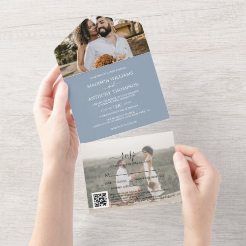 Elegant Simple Dusty Blue 2 Photo Qr Code Wedding All In One Invitation