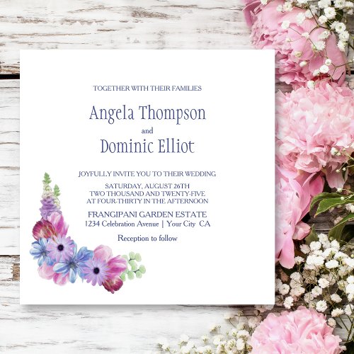 Elegant Simple Dusty Blue and Pink Floral Wedding Invitation
