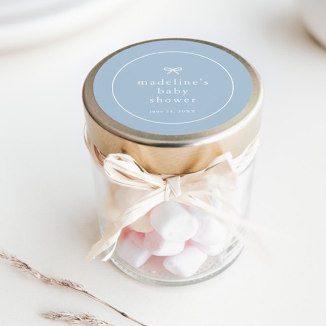 Elegant Simple Dusty Blue Boys Baby Shower Classic Round Sticker (Simple bow dusty blue boys baby shower favor or envelope stickers.)