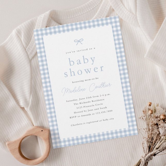 Elegant Simple Dusty Blue Boys Baby Shower Invitation (Gingham check dusty blue boys baby shower invitation.)
