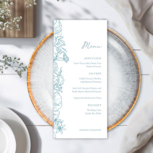 Elegant Simple Dusty Blue Floral Garden Wedding Menu