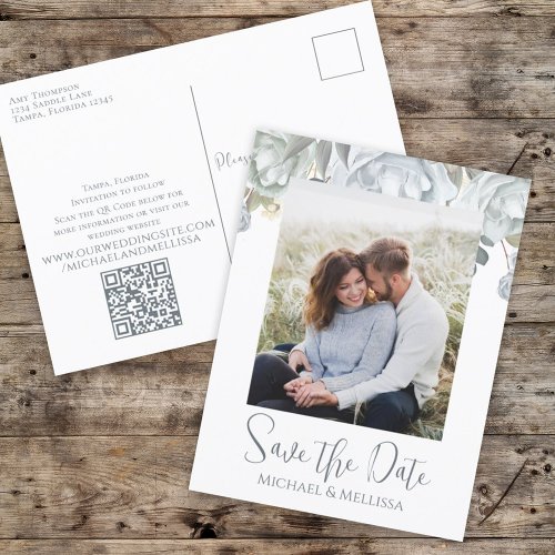 Elegant Simple Dusty Blue Floral Wedding QR Code Postcard