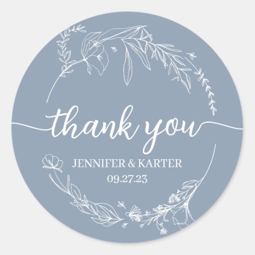 Elegant Simple Dusty Blue Floral Wreath Thank You Classic Round Sticker