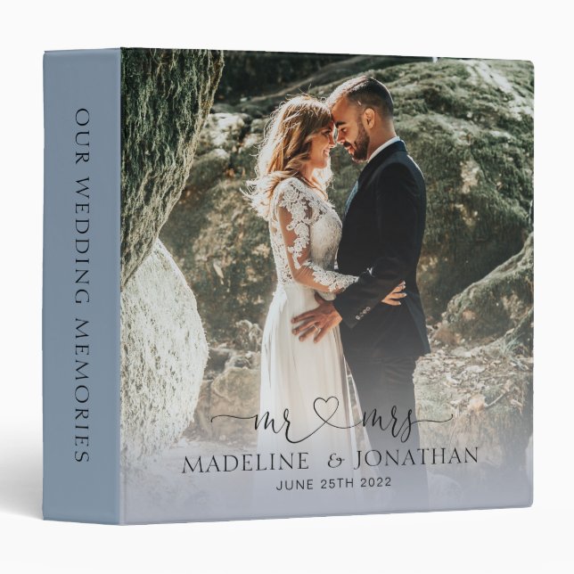 Elegant Simple Dusty Blue Mr Mrs Photo Wedding 3 Ring Binder (Front/Spine)