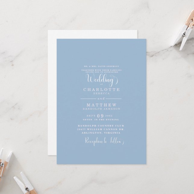  Elegant Simple Dusty Blue Wedding  Invitation (Front/Back In Situ)