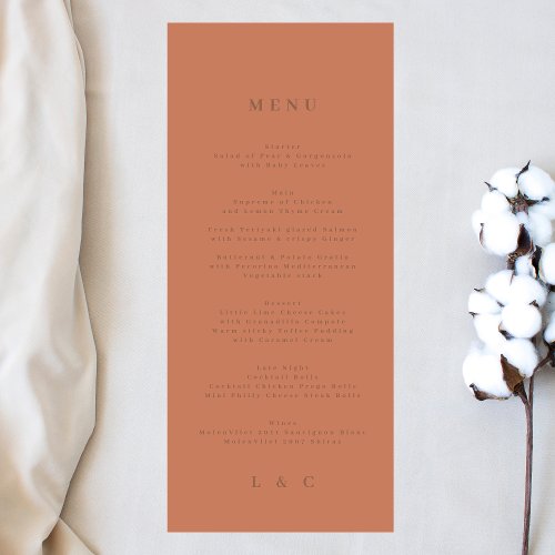 Elegant Simple Dusty Orange  Terracotta Monogram Menu