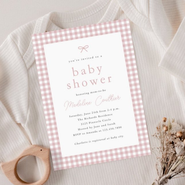 Elegant Simple Dusty Pink Girls Baby Shower Invitation (Gingham check dusty pink girls baby shower invitation.)