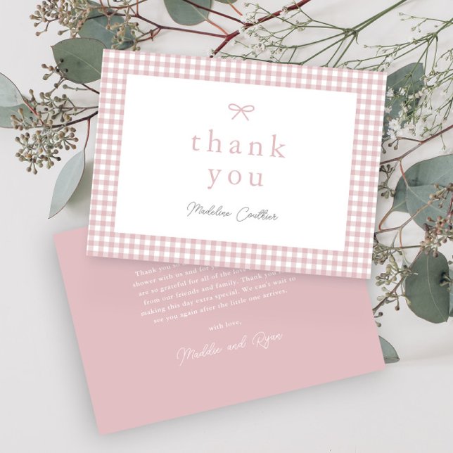Elegant Simple Dusty Pink Girls Baby Shower Thank You Card (Dusty pink bow gingham girls baby shower thank you cards.)