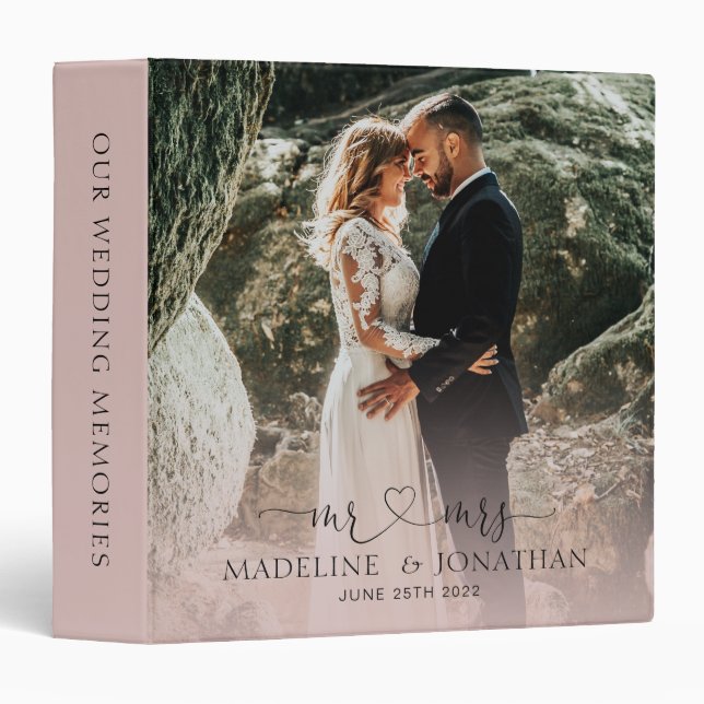 Elegant Simple Dusty Pink Mr Mrs Photo Wedding 3 Ring Binder (Front/Spine)