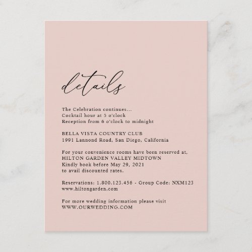Elegant Simple Dusty Rose Wedding Details Enclosure Card