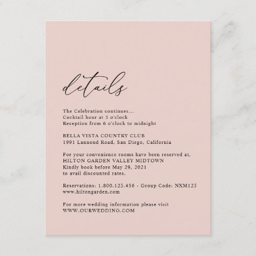 Elegant Simple Dusty Rose Wedding Details Enclosure Card