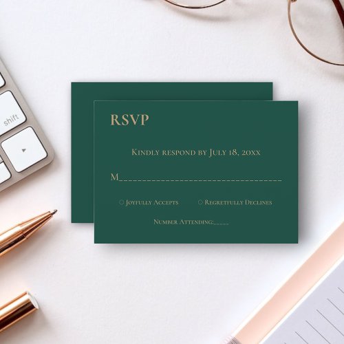 Elegant Simple Emerald Green Gold Monogram Wedding RSVP Card