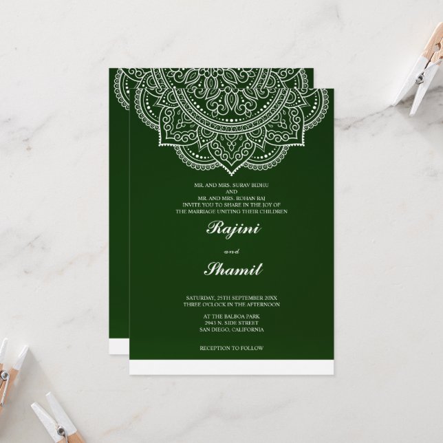 Elegant simple Emerald Green Paisley Indian Hindu  Invitation (Front/Back In Situ)