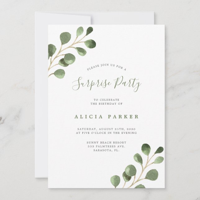 Elegant simple eucalyptus leaves birthday party invitation (Front)