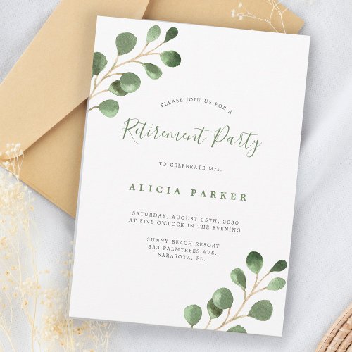 Elegant simple eucalyptus leaves retirement party invitation