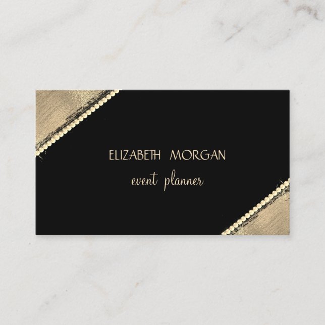 Elegant Simple Faux Gold ,Black,Pearls Business Card (Front)