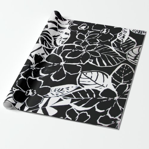 Elegant Simple Floral  Foliage Black  White Wrapping Paper