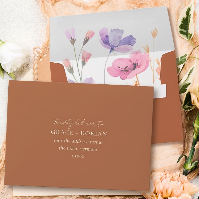 Elegant Simple Floral Mocha Address RSVP Wedding Envelope (Creator Uploaded)