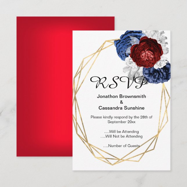ELEGANT SIMPLE FLORAL NAVY RED RSVP INVITATION (Front/Back)