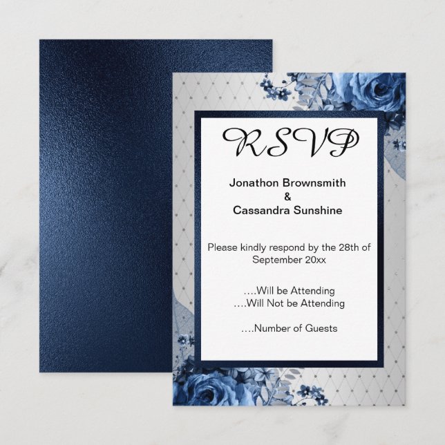 ELEGANT SIMPLE FLORAL NAVY SILVER RSVP INVITATION (Front/Back)
