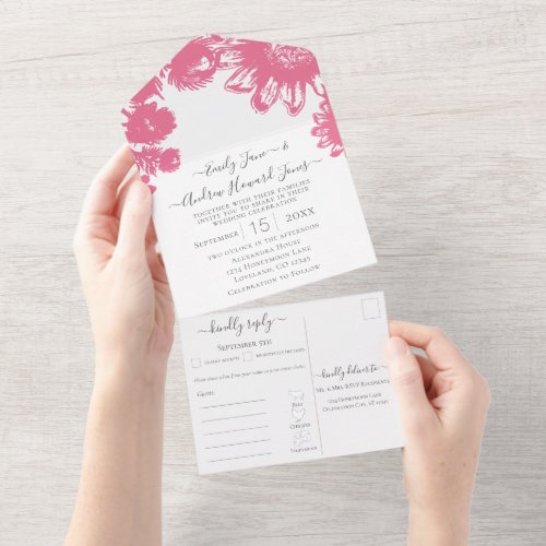 Elegant Simple Floral Pink and White Sunflower All In One Invitation