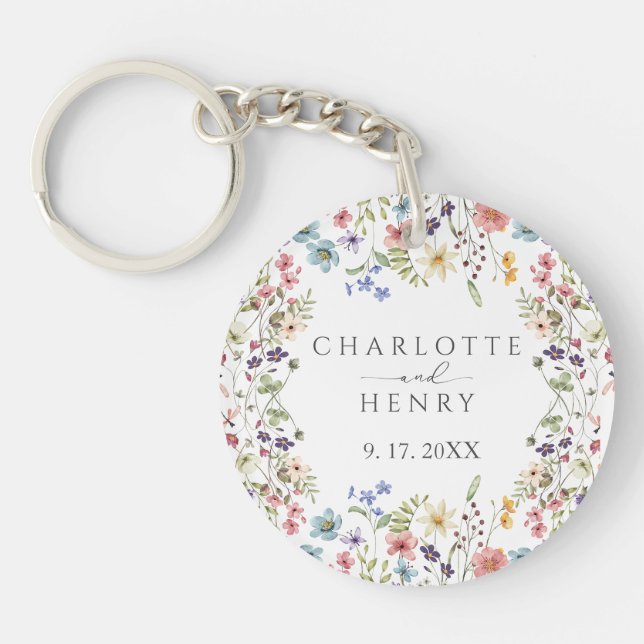 Elegant Simple Floral Wildflowers Wedding  Keychain (Front)