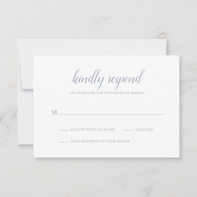 Elegant Simple Formal Script Dusty Blue Wedding RSVP Card (Front)