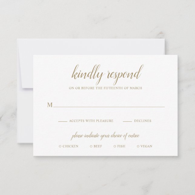 Elegant Simple Formal Script Gold Wedding RSVP Card (Front)
