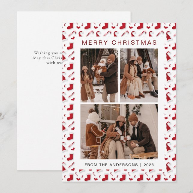 Elegant Simple Frame Christmas Family 3 Photo Holiday Card (Front/Back)