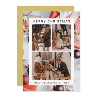 Elegant Simple Frame Christmas Family 3 Photo Holiday Card