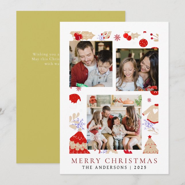 Elegant Simple Frame Christmas Family 3 Photo Holiday Card (Front/Back)