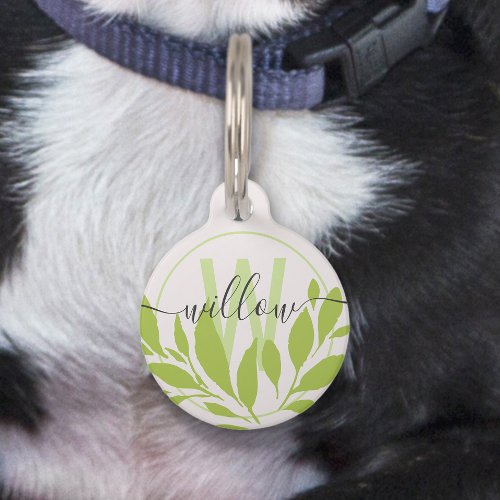 Elegant Simple Fresh Green Leaves Monogram Name Pet ID Tag