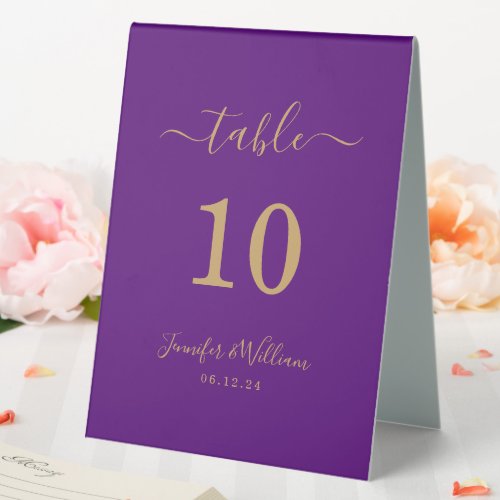 Elegant Simple Glam Script Wedding Gold Purple  Table Tent Sign