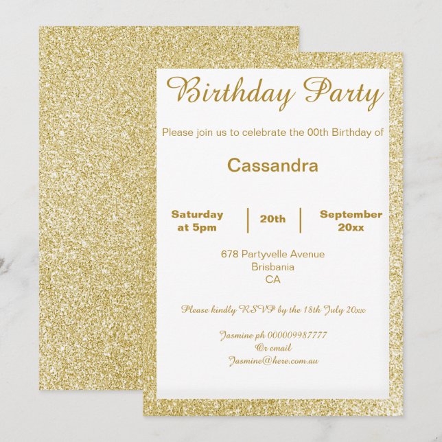 ELEGANT SIMPLE GOLD  AND WHITE GLITTER BIRTHDAY INVITATION (Front/Back)