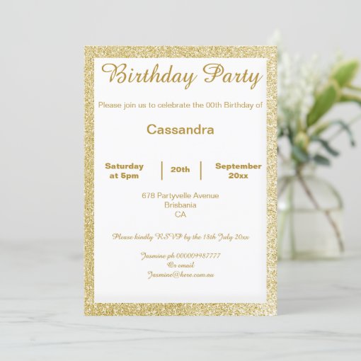 ELEGANT SIMPLE GOLD AND WHITE GLITTER BIRTHDAY INVITATION | Zazzle