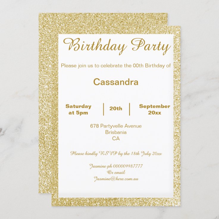 ELEGANT SIMPLE GOLD AND WHITE GLITTER BIRTHDAY INVITATION | Zazzle