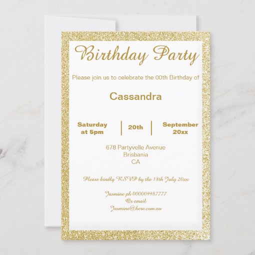 ELEGANT SIMPLE GOLD AND WHITE GLITTER BIRTHDAY INVITATION | Zazzle