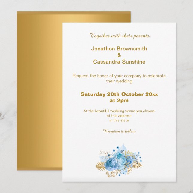 ELEGANT SIMPLE GOLD BLUE FLORAL  GOLD WEDDING INVITATION (Front/Back)