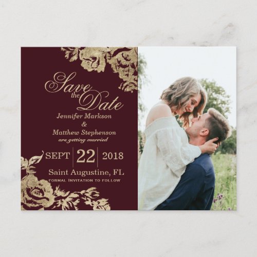 Elegant Simple Gold Burgundy Floral Save the Date Announcement Postcard