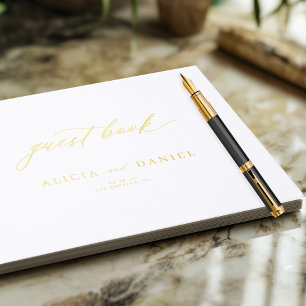 Elegant simple gold calligraphy minimalist wedding foil guest book