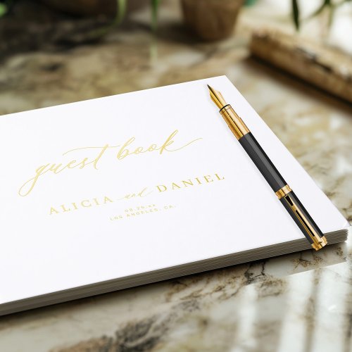 Elegant simple gold calligraphy minimalist wedding foil guest book 