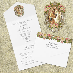 Elegant Simple Gold Catholic Floral Wedding  All I All In One Invitation
