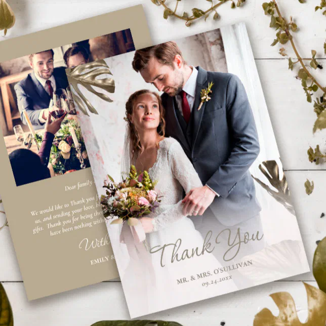 Elegant Simple Gold Champagne Wedding Photo Thank You Card | Zazzle