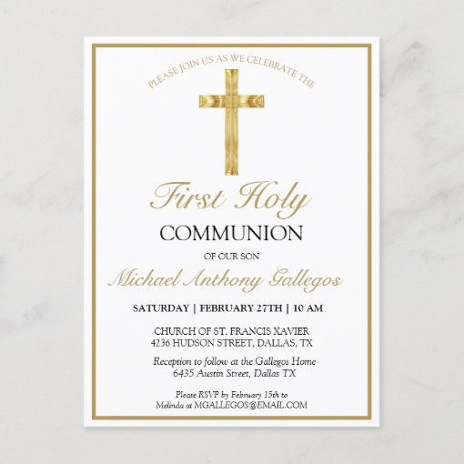 Elegant Simple Gold Cross First Holy Communion Invitation Postcard | Zazzle