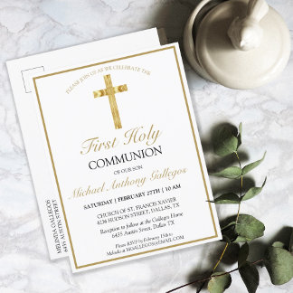 Elegant Simple Gold Cross First Holy Communion Invitation Postcard