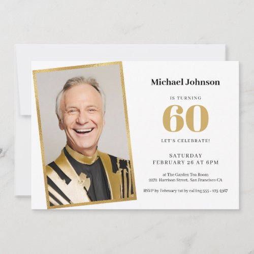 Elegant Simple Gold Custom Photo 60th Birthday  Invitation