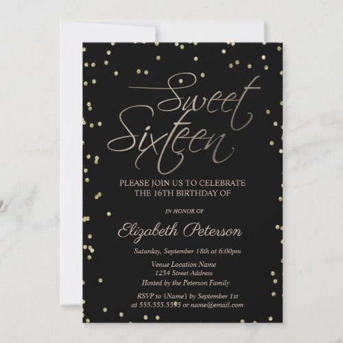Elegant Simple Gold Diamonds Black Sweet 16 Invitation