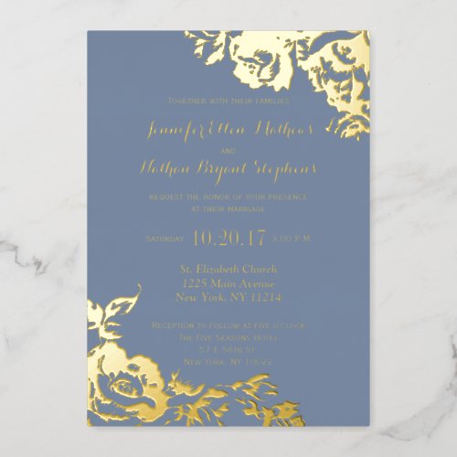 Elegant Simple Gold Dusty Blue Floral Wedding Foil Invitation
